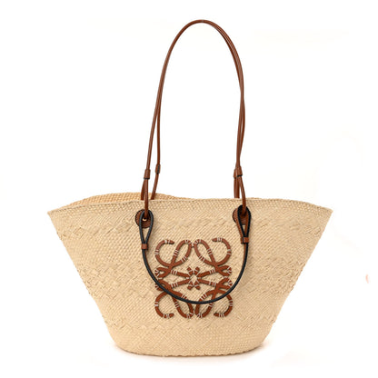 Loewe Calfskin Raffia Paulas Ibiza Medium Anagram Basket Tote Bag Natural Tan 1 of 9