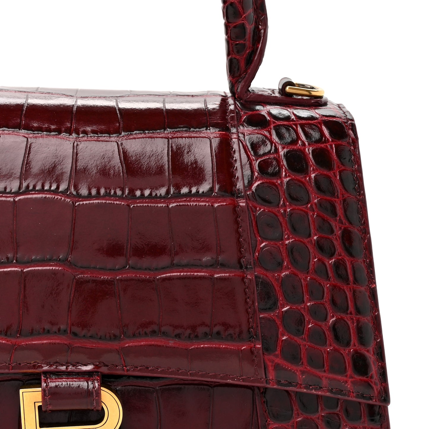 Shiny Calfskin Crocodile Embossed Small Hourglass Top Handle Bag Dark Red