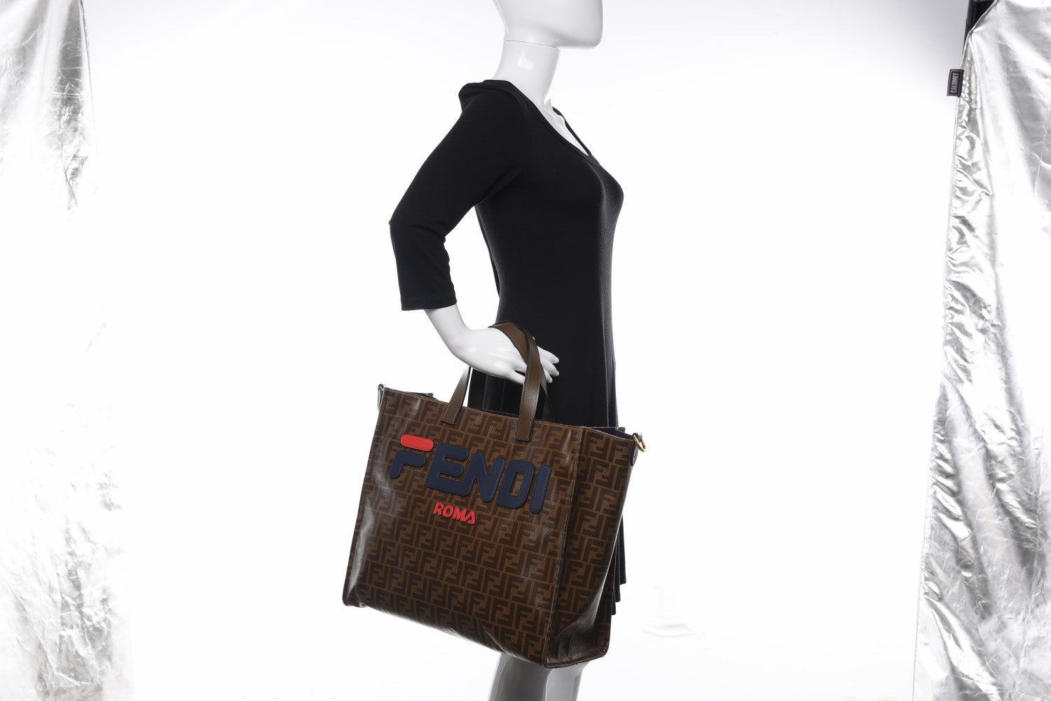 Fendi X FILA Glazed Fabric FF 1974 Mania Shopping Tote Bag Mogano Panna Blueberry 2 of 11
