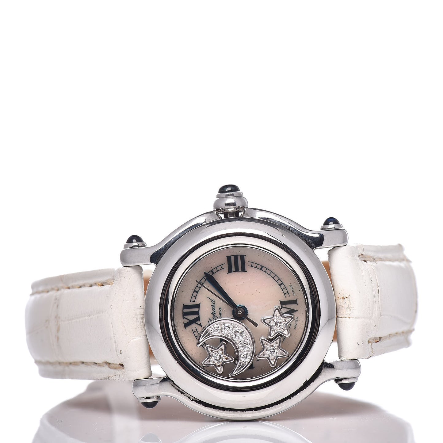 Stainless Steel Alligator Diamond Mother of Pearl 26mm Happy Sport Moon Star Quartz Watch