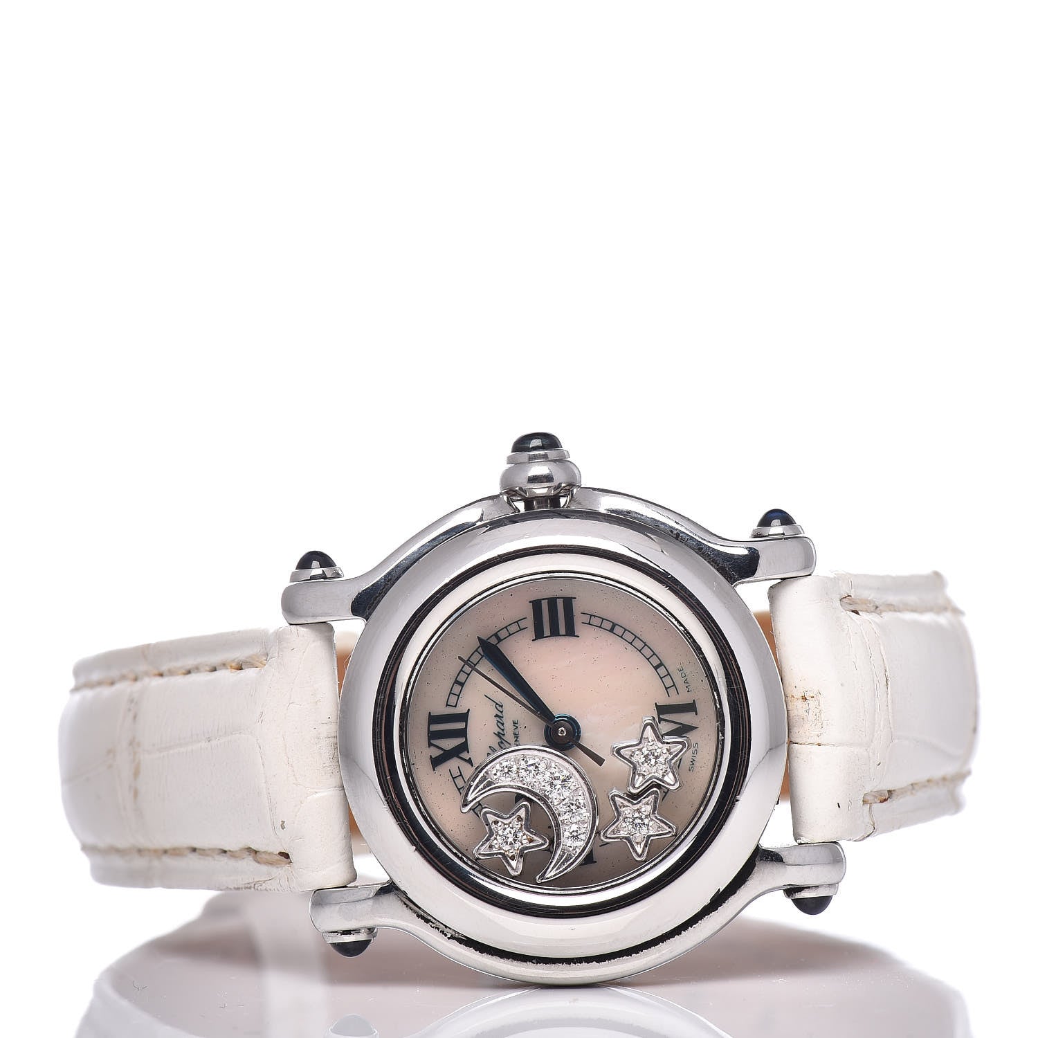 Chopard Stainless Steel Alligator Diamond Mother of Pearl 26mm Happy Sport Moon Star Quartz Watch 3 of 9