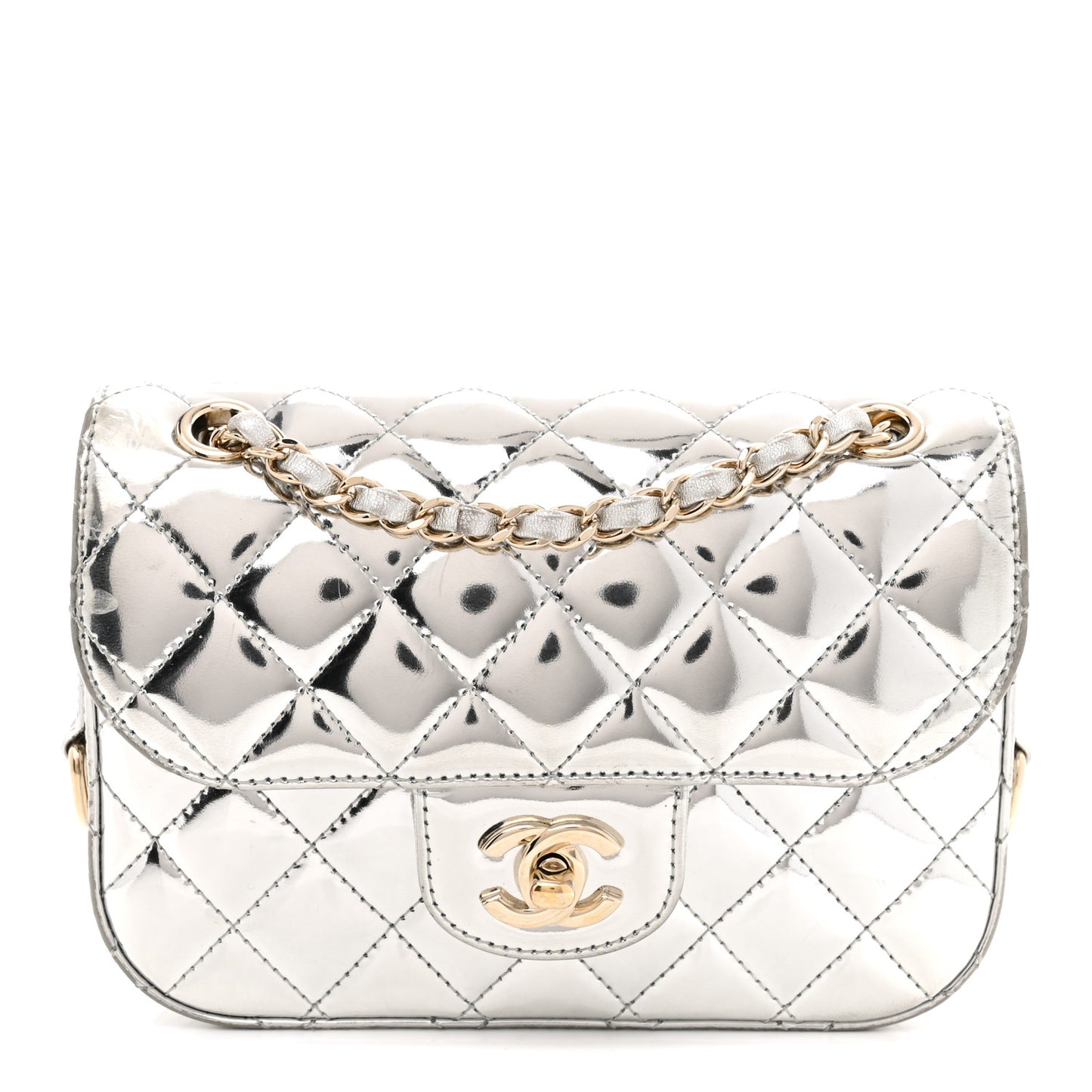 Mirror Calfskin Metallic Calfskin Quilted Hollywood Boulevard Mini Flap With Star Coin Purse Silver