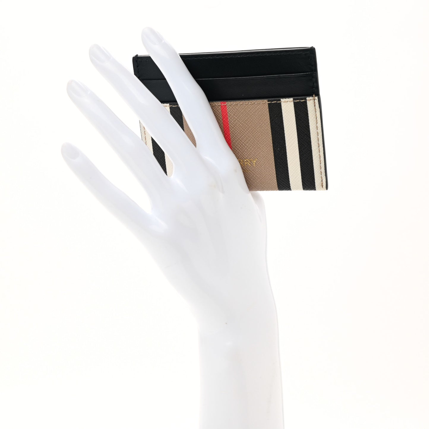 E-Canvas Calfskin Icon Stripe Card Case Archive Beige