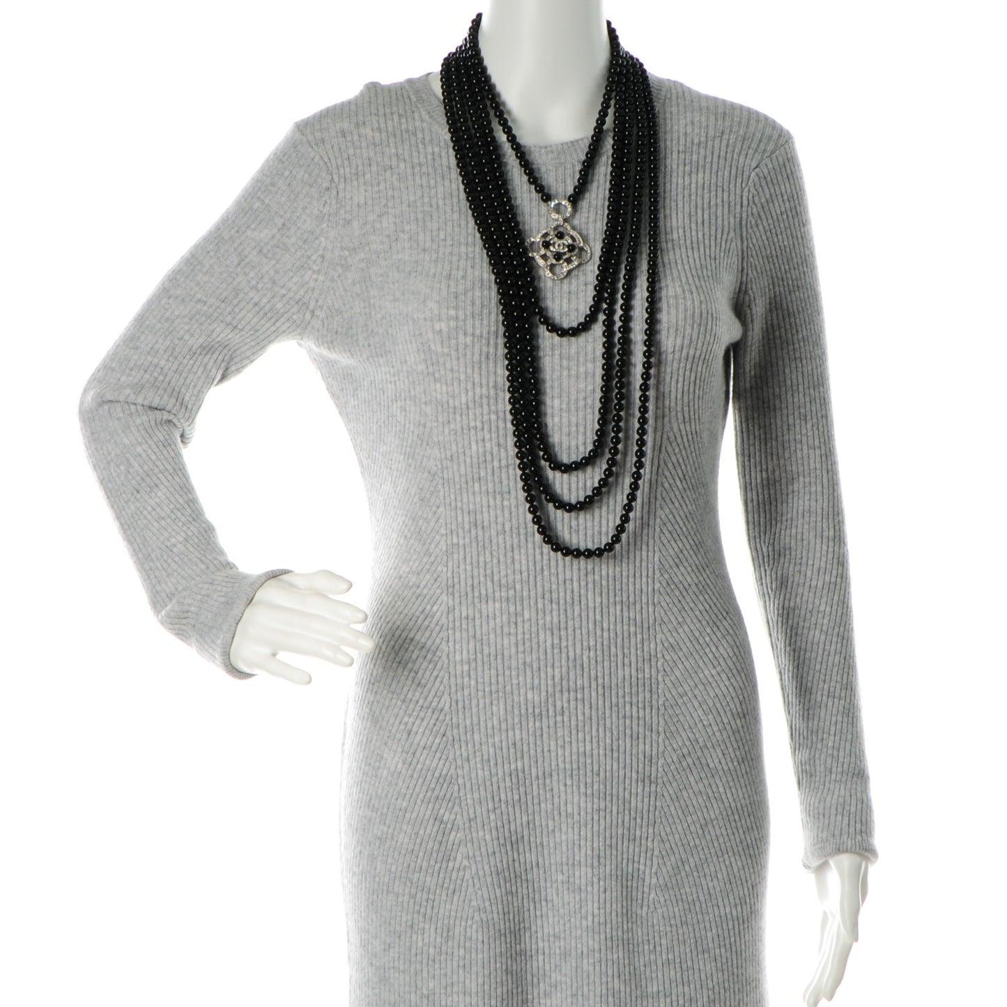 Bead Crystal Multi Strand CC Medallion Necklace Black Silver