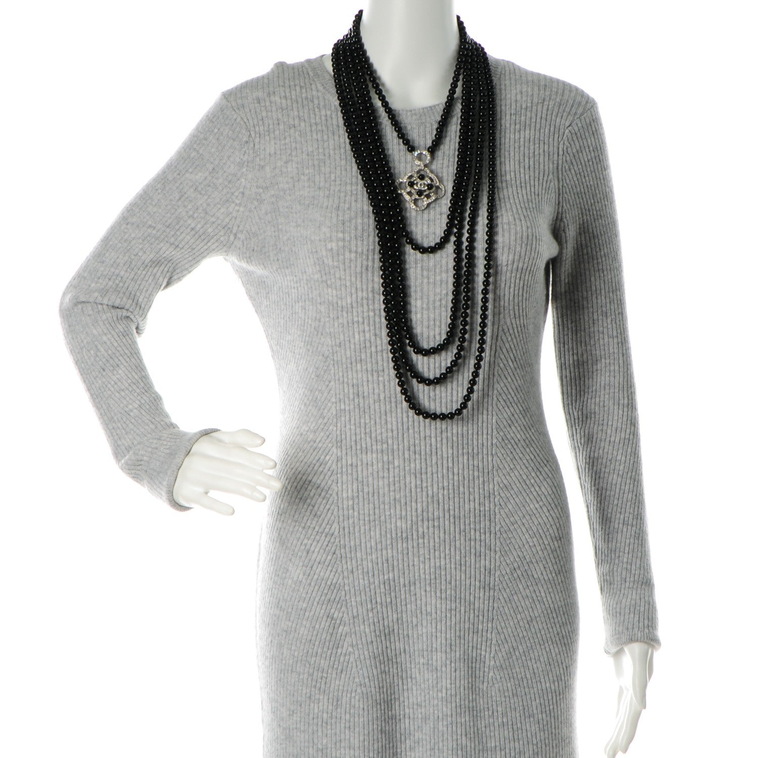 Chanel Bead Crystal Multi Strand CC Medallion Necklace Black Silver 2 of 5