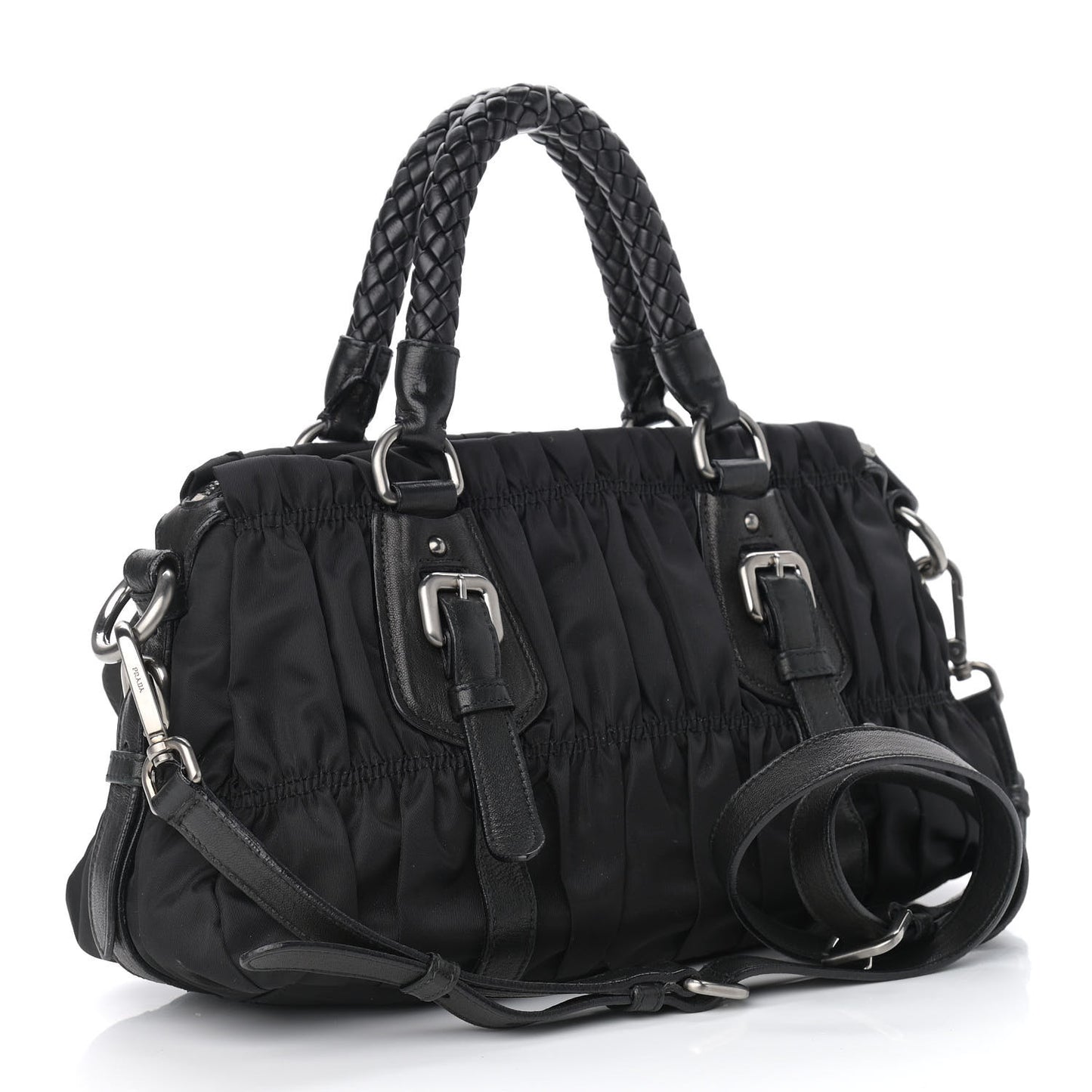 Tessuto Nylon Nappa Braided Gaufre Shoulder Bag Black