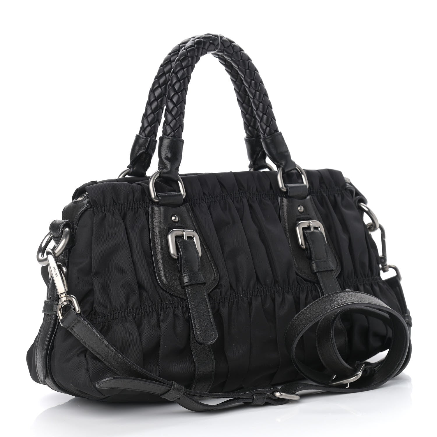 Prada Tessuto Nylon Nappa Braided Gaufre Shoulder Bag Black 2 of 8