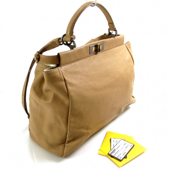 Fendi Goatskin Large Peekaboo Iconic Satchel Beige Latte Black 3 of 12