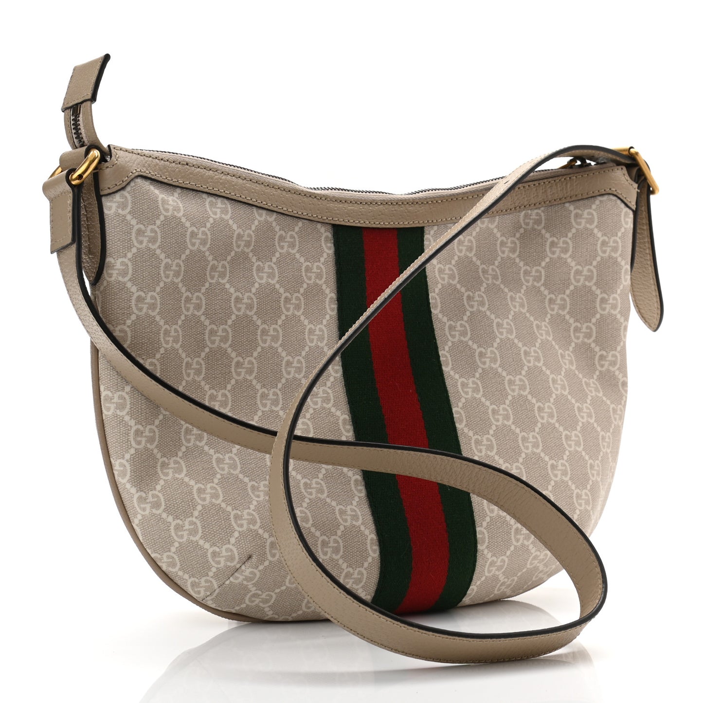 GG Supreme Monogram Textured Dollar Calfskin Web Small Ophidia Half Moon Hobo Beige Mystic White Oatmeal