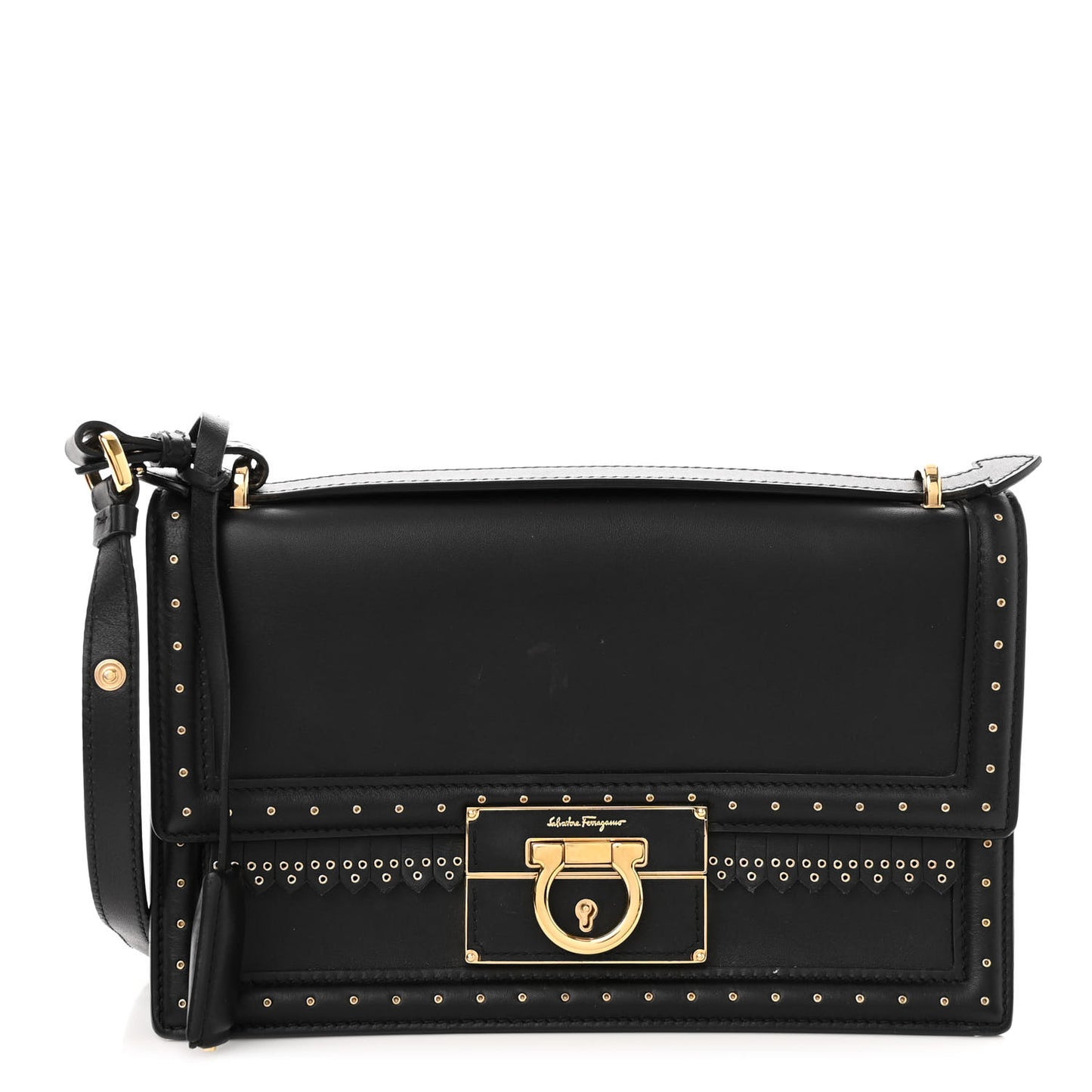 Smooth Calfskin Studded Aileen Gancio Lock Shoulder Bag Black