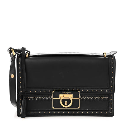 Salvatore Ferragamo Smooth Calfskin Studded Aileen Gancio Lock Shoulder Bag Black 1 of 9