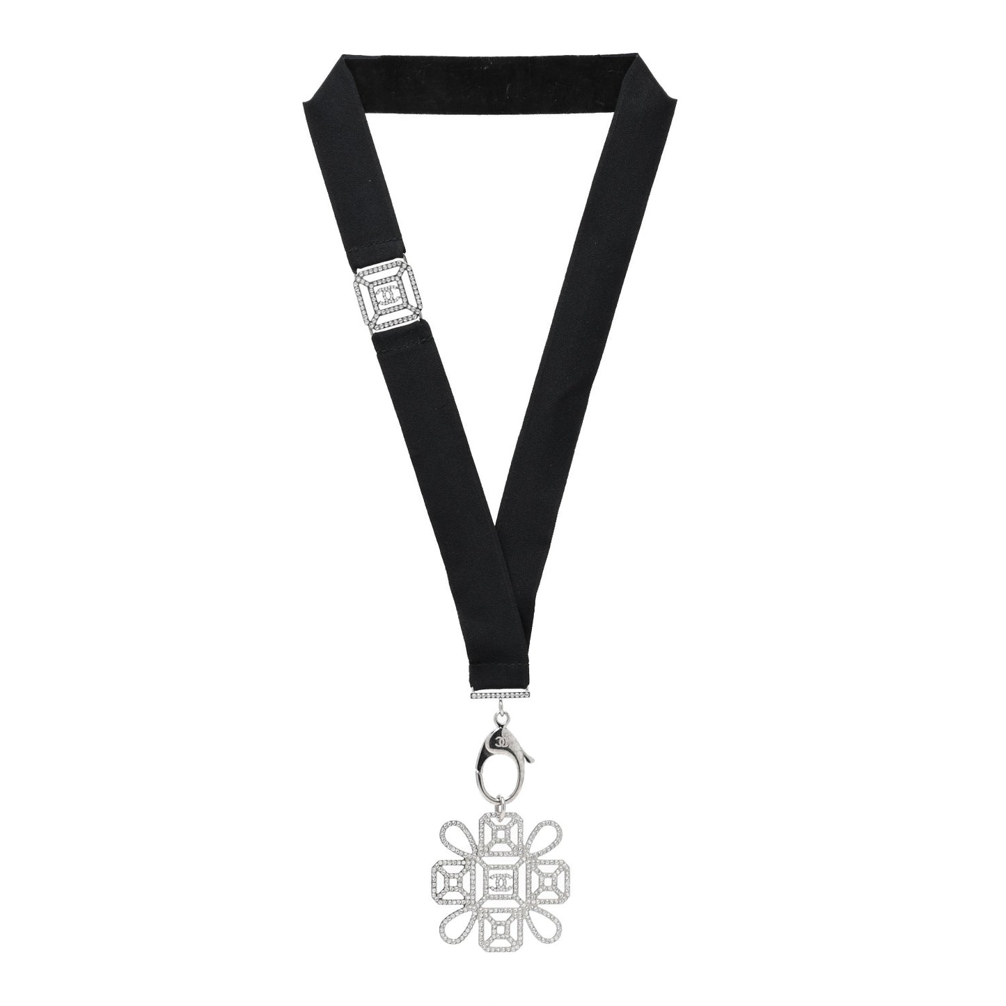 Crystal CC Cross Lanyard Necklace Black Silver