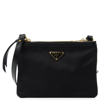 Prada Tessuto Nylon Soft Calf Double Zip Crossbody Bag Black 1 of 11