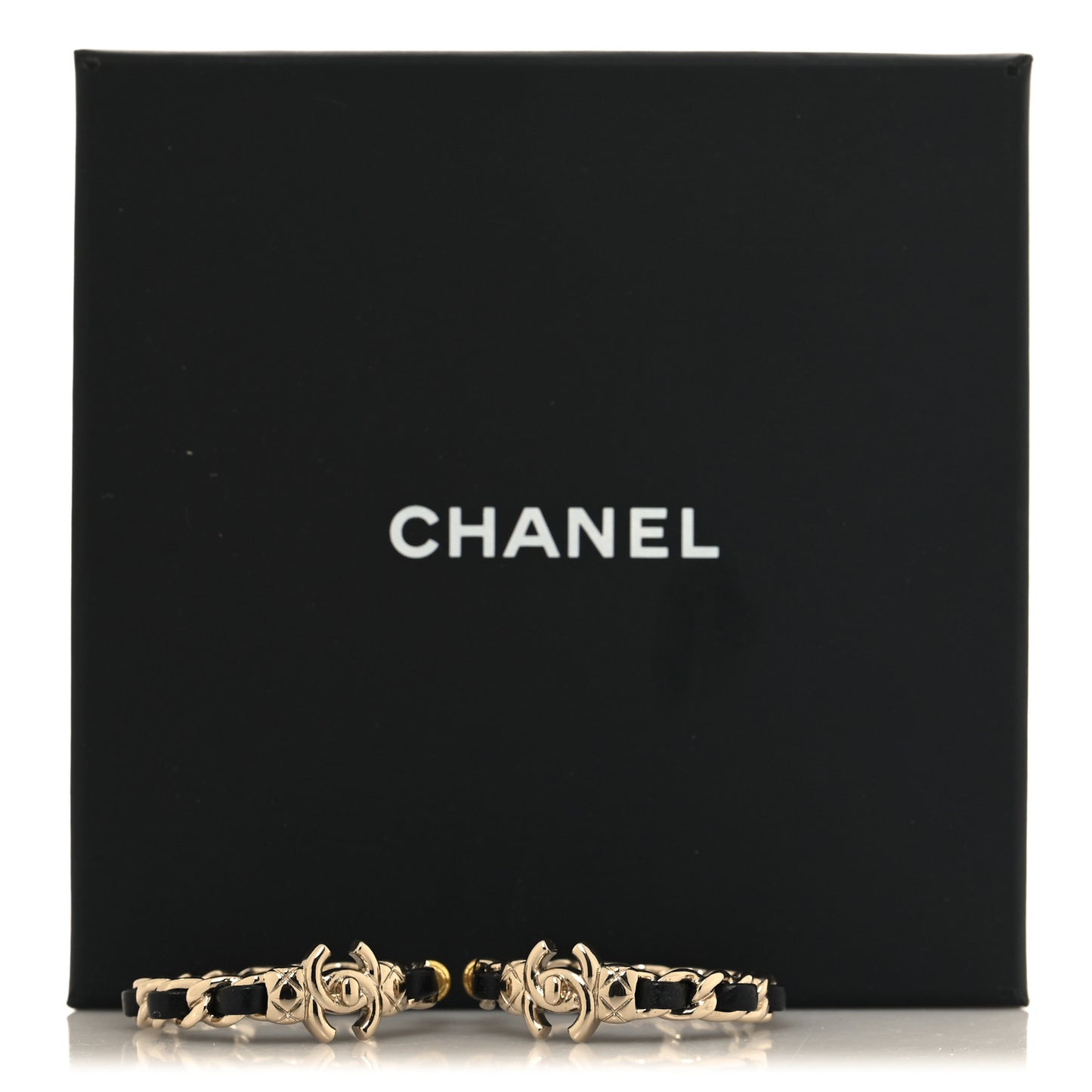 Metal Lambskin Quilted CC Turnlock Chain Hoop Earrings Gold Black
