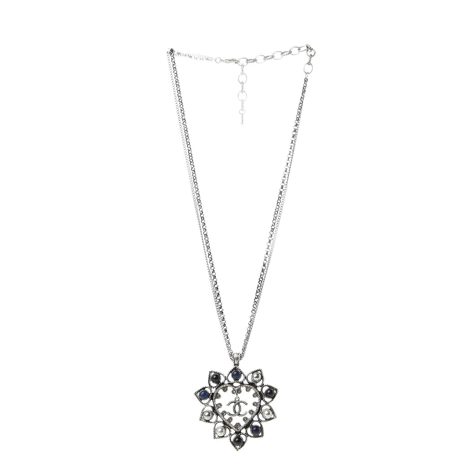 Chanel Crystal Pearl Bead CC Heart Pendant Chain Necklace Silver 3 of 6