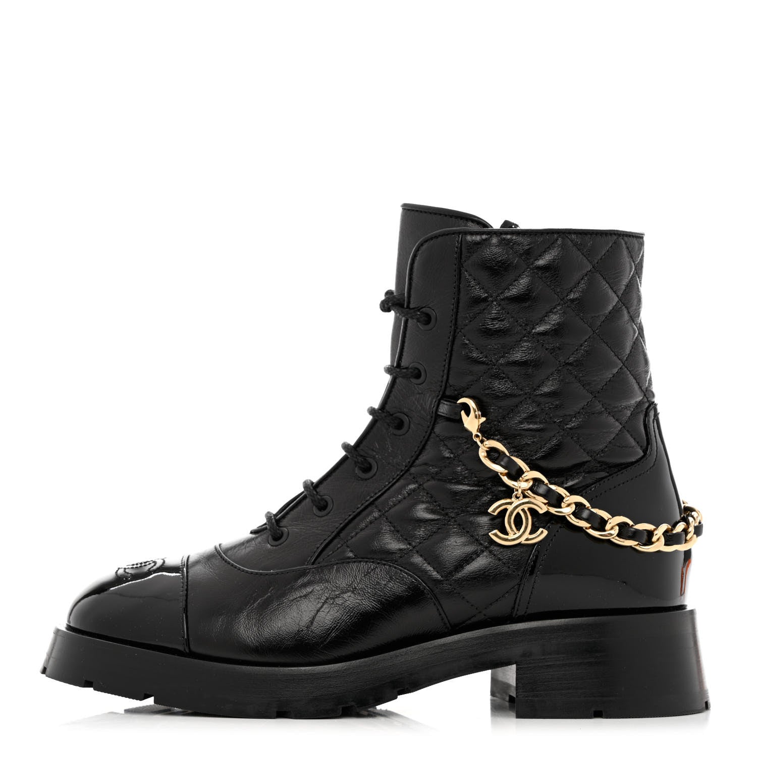 Chanel Shiny Calfskin Patent Quilted Chain Lace Up Combat Boots 40 Black 1 of 9
