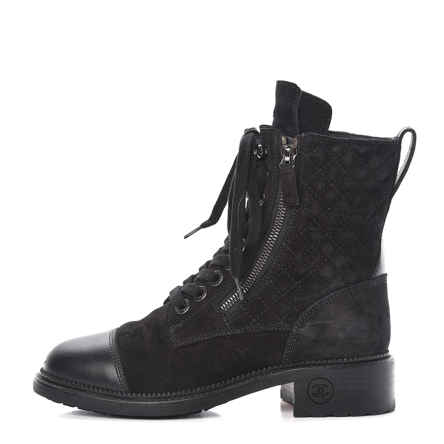 Suede Quilted CC Lace Up Combat Boots 37 Black