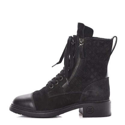 Chanel Suede Quilted CC Lace Up Combat Boots 37 Black 1 of 15
