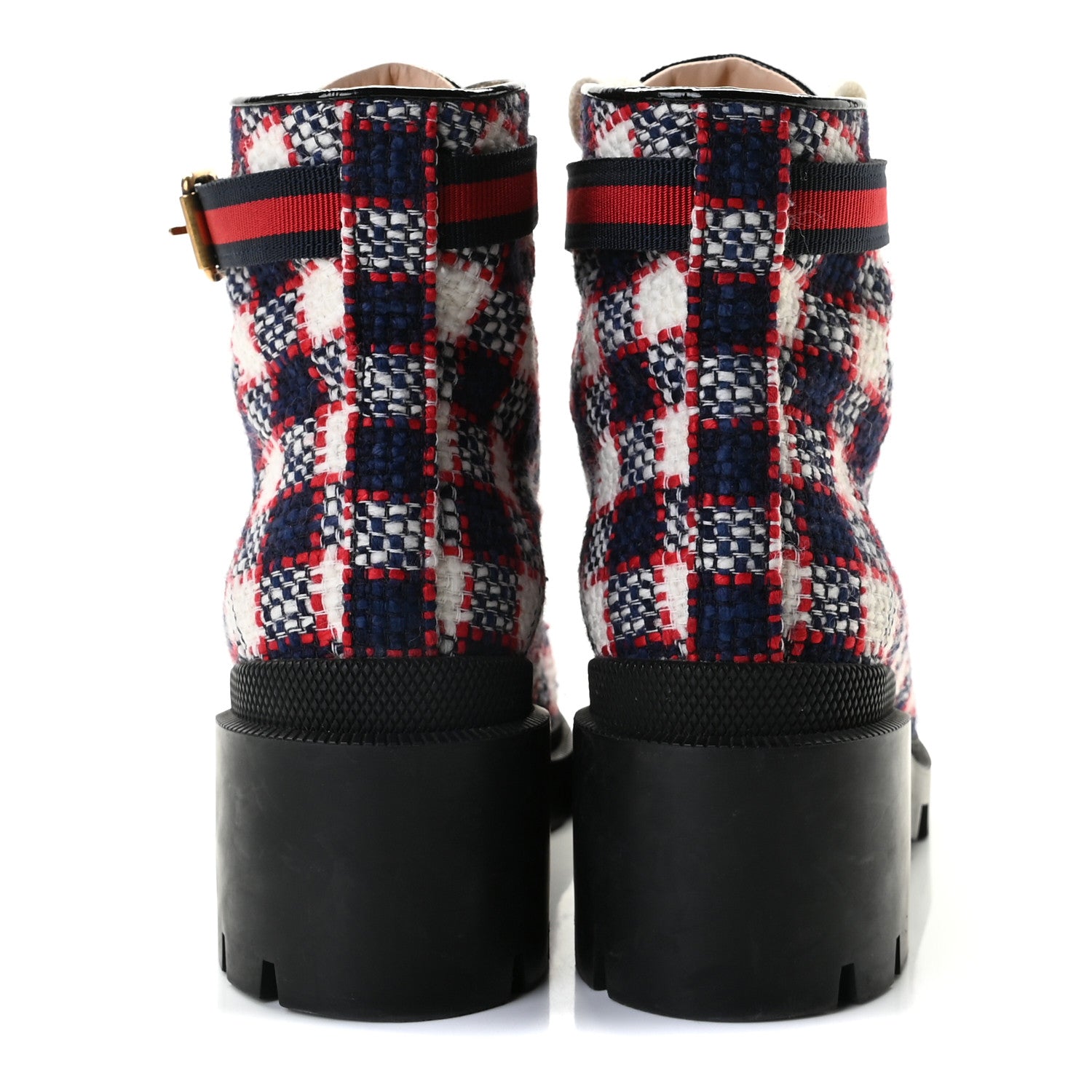 Gucci Vintage Tweed Check Lace Up Combat Ankle Boots 39 White Hibiscus Red Marine 6 of 12
