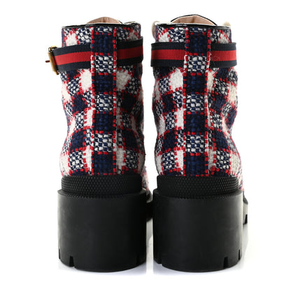 Gucci Vintage Tweed Check Lace Up Combat Ankle Boots 39 White Hibiscus Red Marine 6 of 12