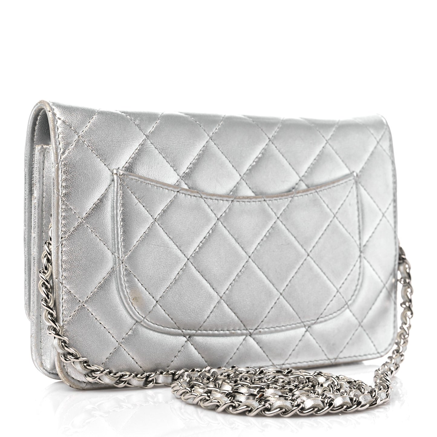 Metallic Lambskin Quilted Wallet On Chain WOC Silver