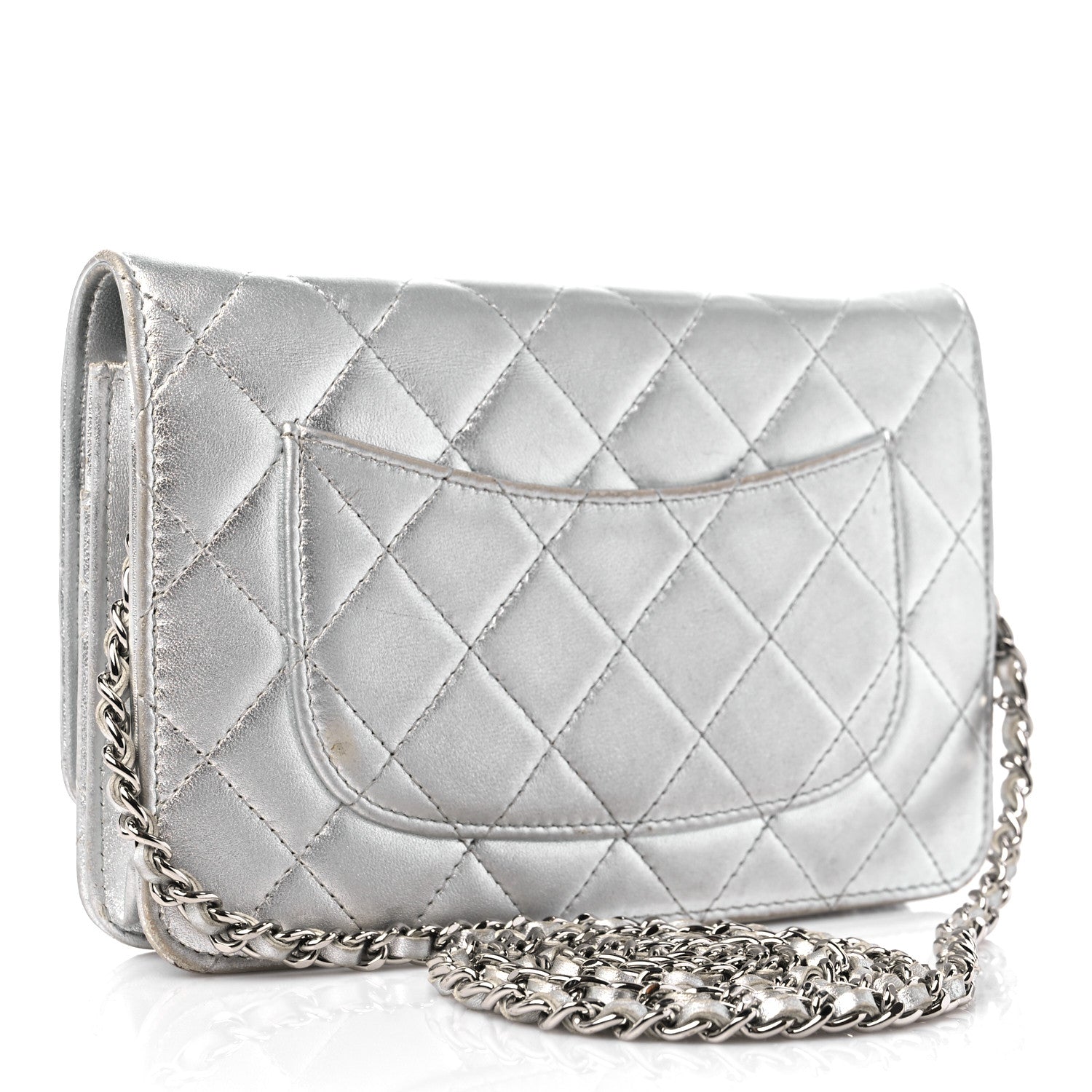 Chanel Metallic Lambskin Quilted Wallet On Chain WOC Silver 3 of 19