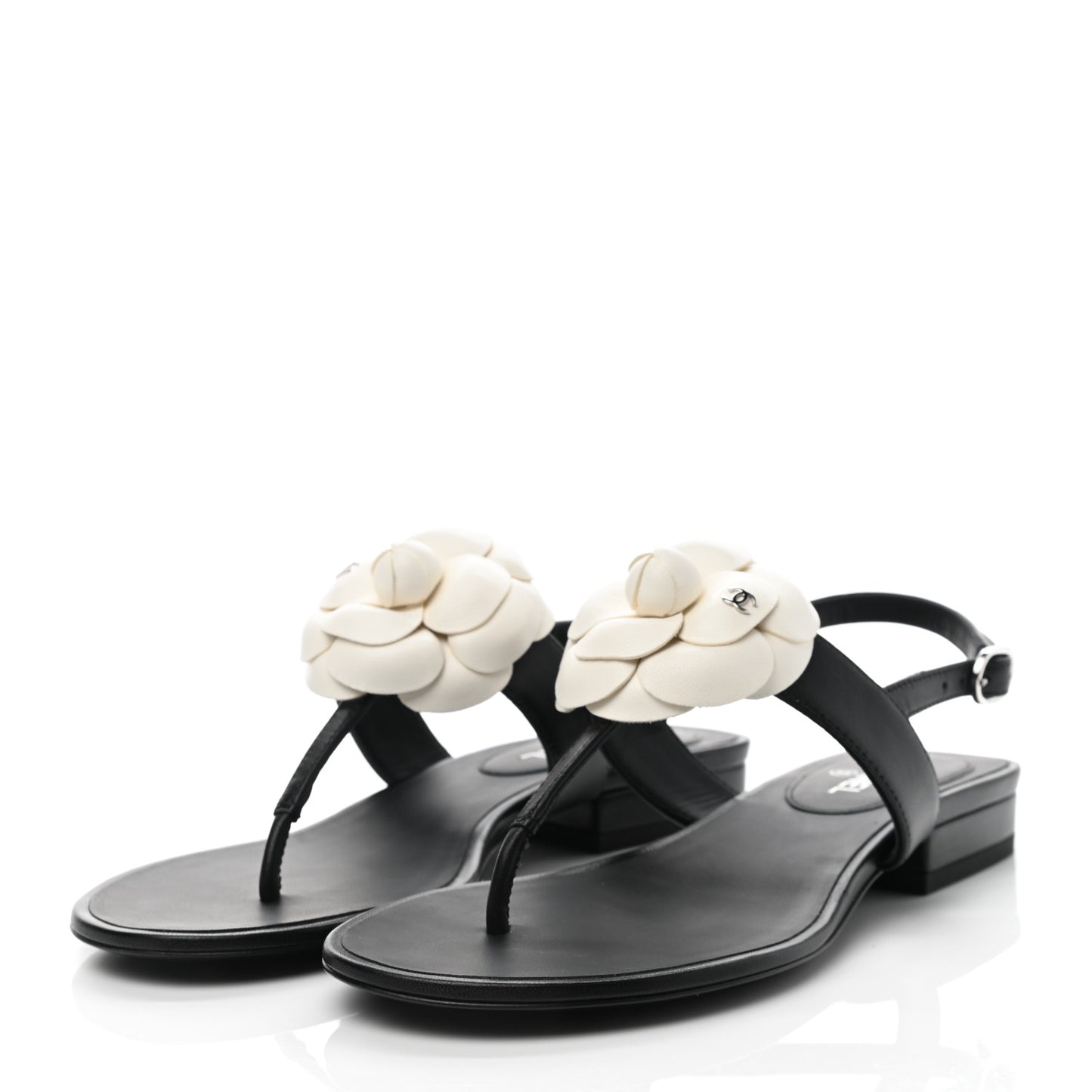 Lambskin Camellia Thong Sandals 35 Black White
