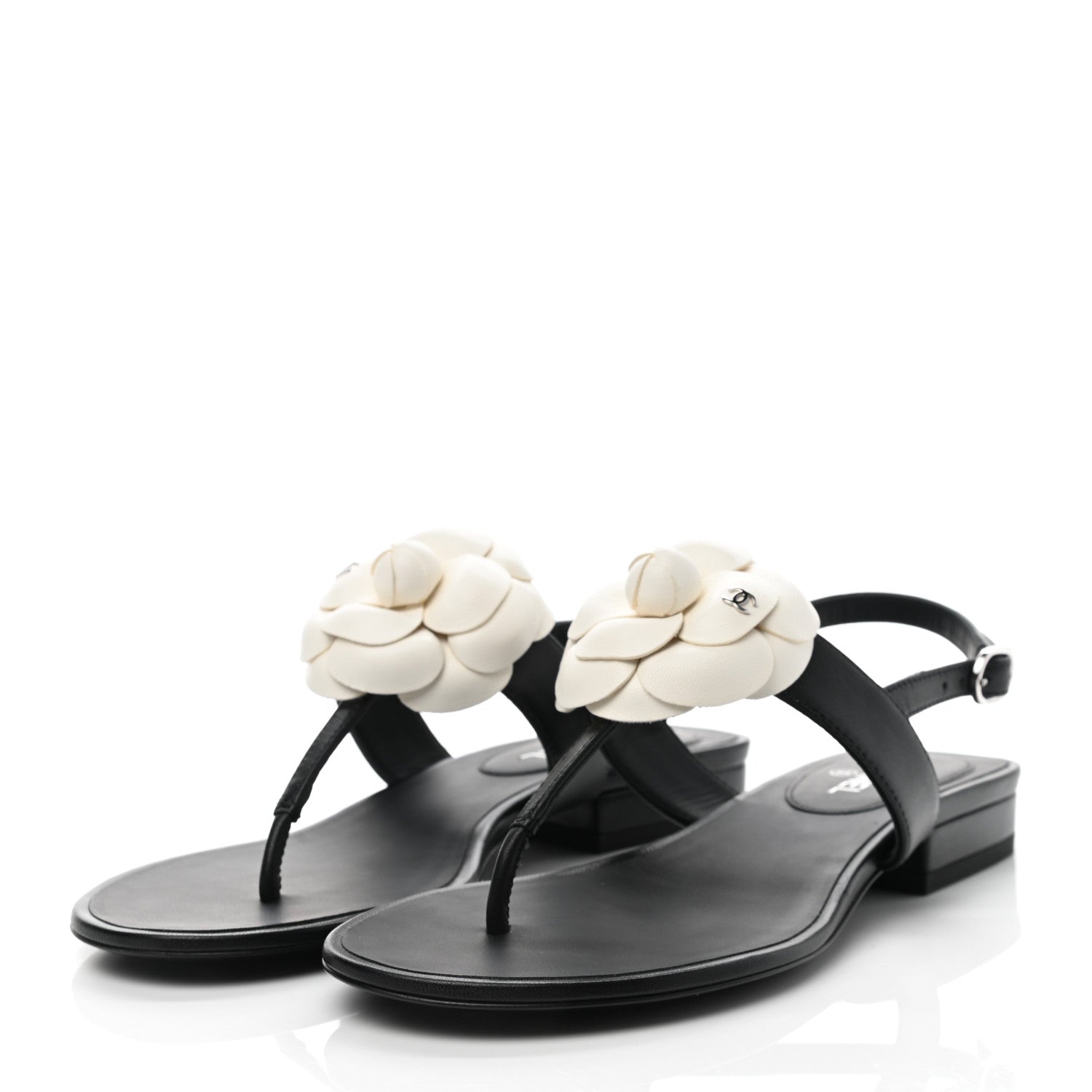 Chanel Lambskin Camellia Thong Sandals 35 Black White 3 of 9