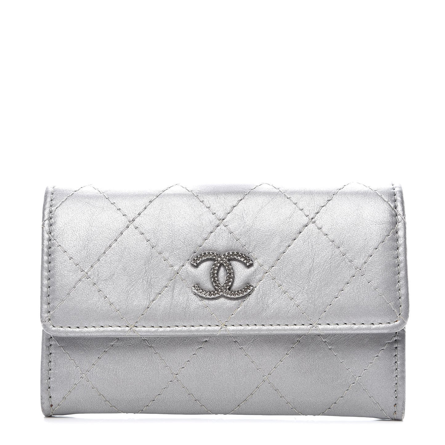 Metallic Calfskin Quilted Palette Card Holder Silver
