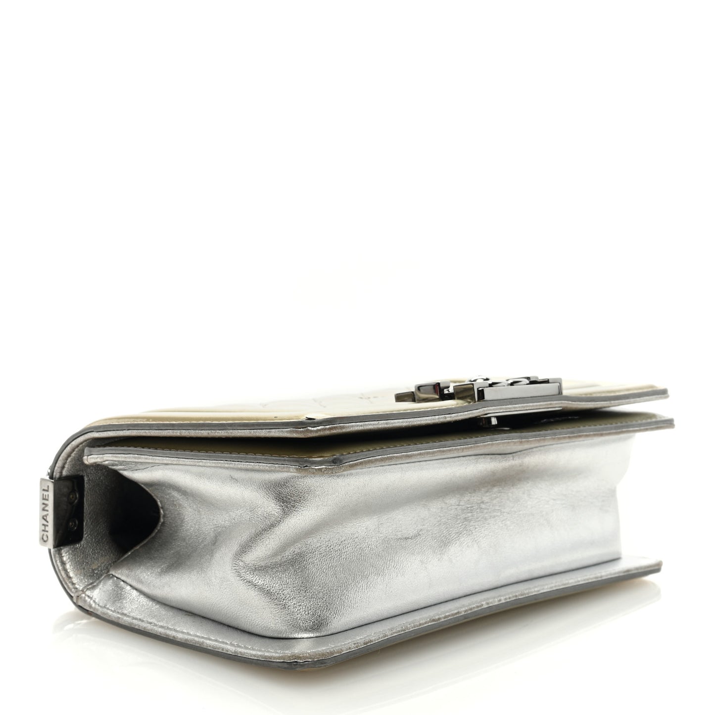 Metallic Patent Calfskin Quilted Small Boy Flap Silver