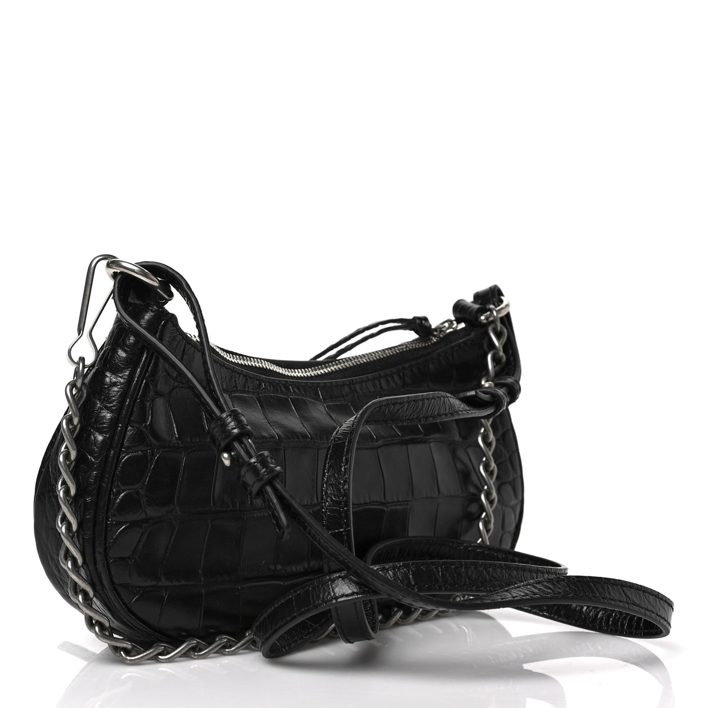 Extra Supple Calfskin Crystal Crocodile Embossed Le Cagole Mini Purse With Chain Black