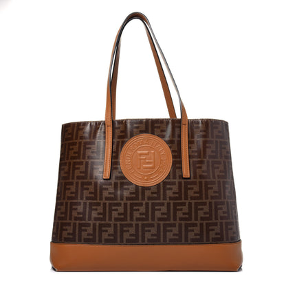 Fendi Glazed Fabric Vitello Century FF 1974 Stamp Patch Shopping Tote Mogano Panna Caramello 1 of 24