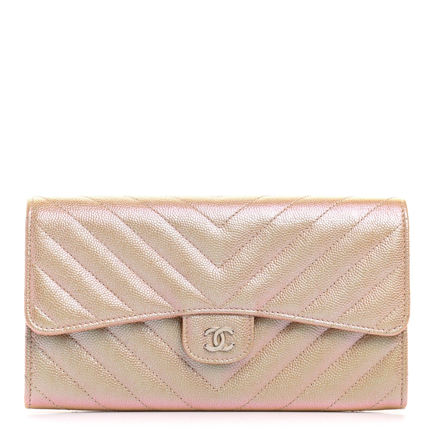 Chanel Iridescent Caviar Chevron Quilted Large Gusset Flap Wallet Light Pink 1 of 9