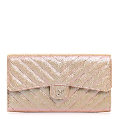 Chanel Iridescent Caviar Chevron Quilted Large Gusset Flap Wallet Light Pink 1 of 9
