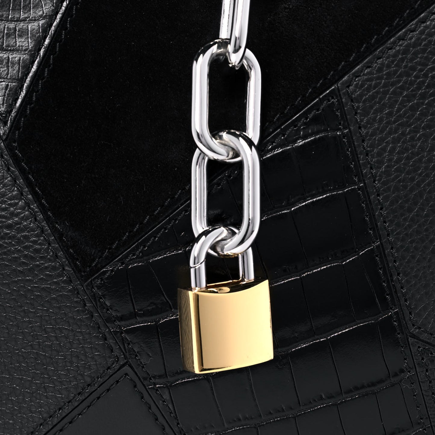 Suede Calfskin Crocodile Lizard Embossed Attica Chain Satchel Black