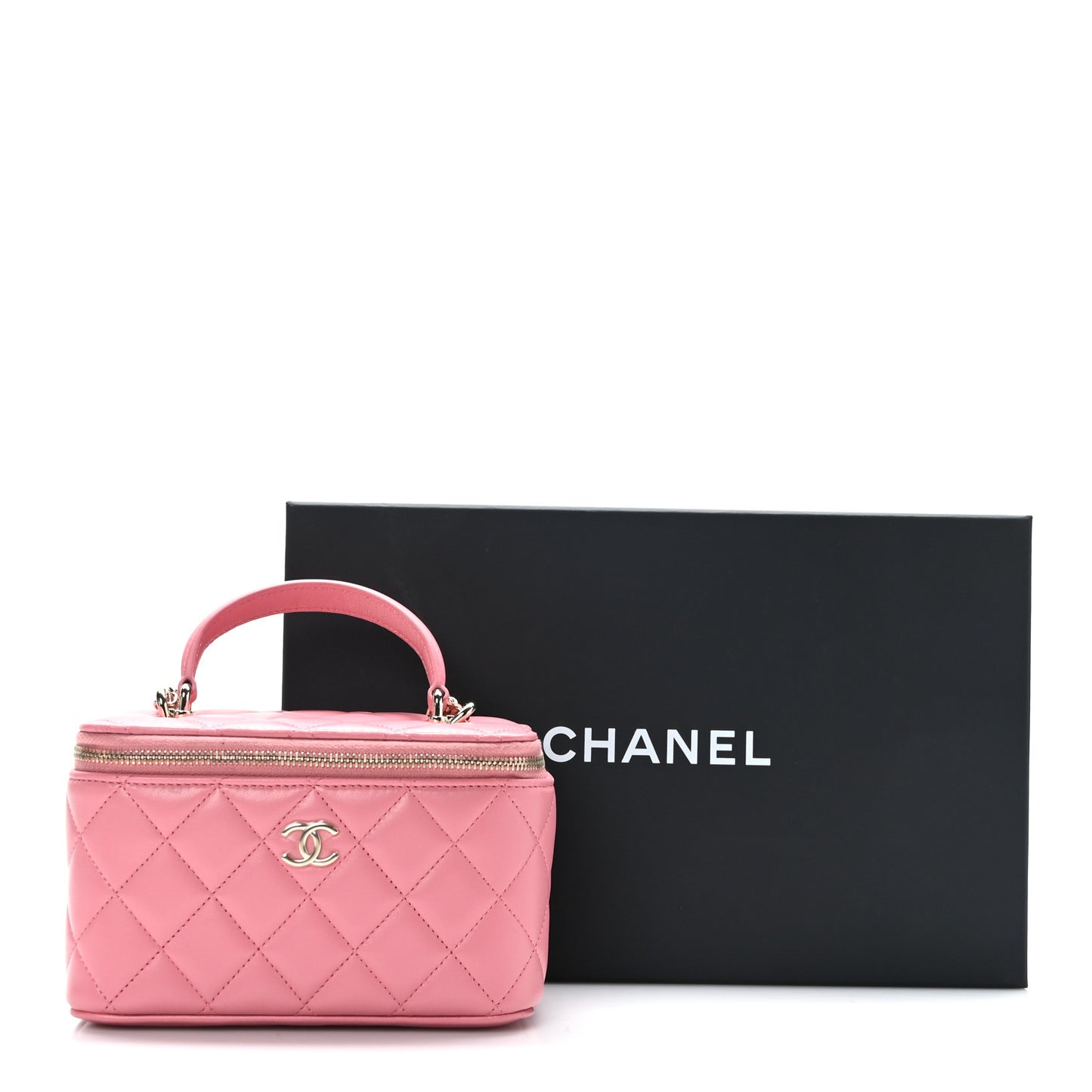 Lambskin Quilted Small Top Handle Vanity Case With Chain Pink
