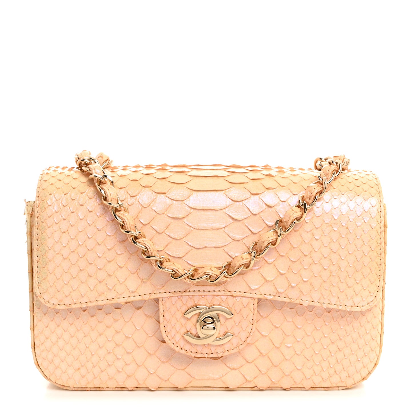 Iridescent Snakeskin Mini Rectangular Flap Beige