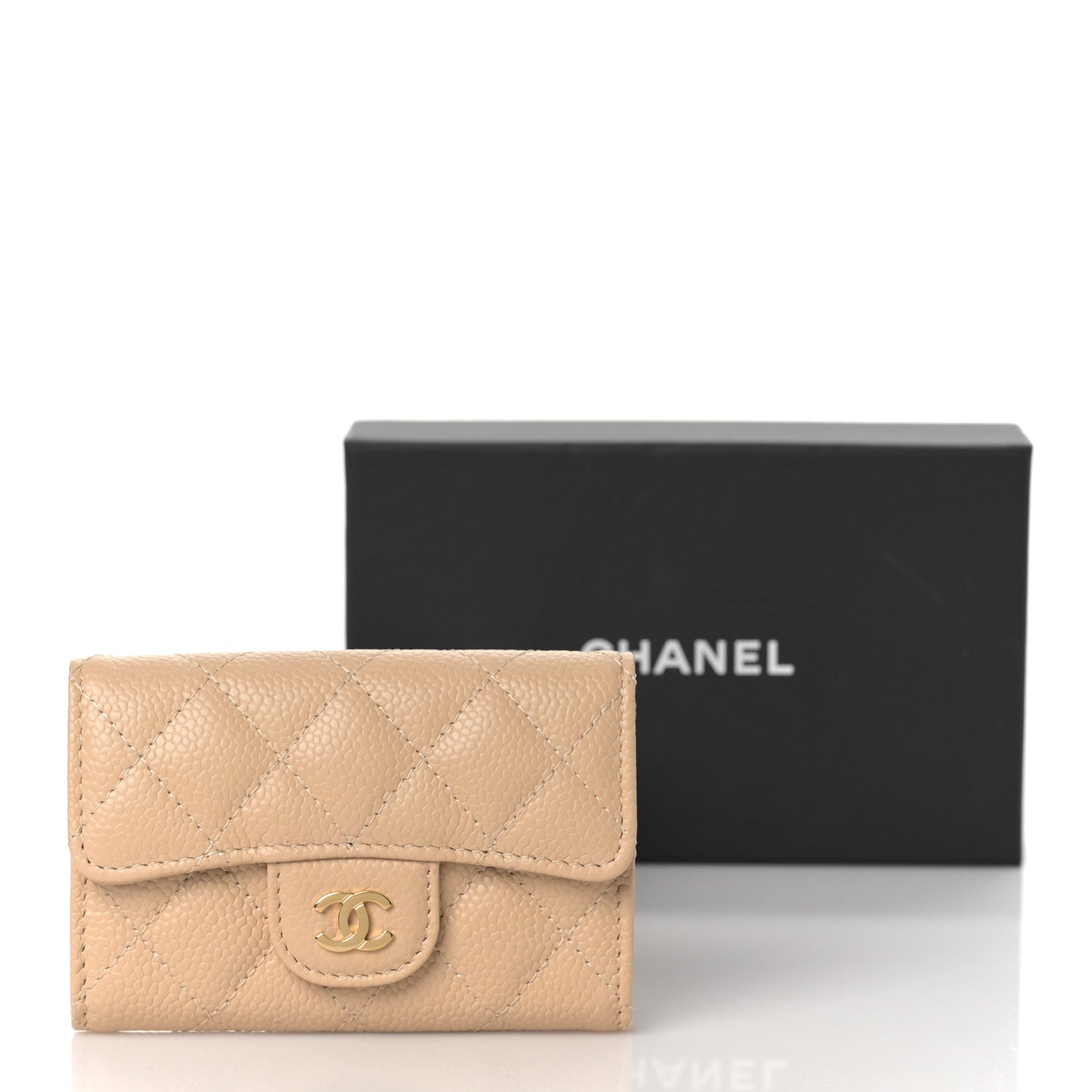 Caviar Quilted Flap Card Holder Wallet Beige