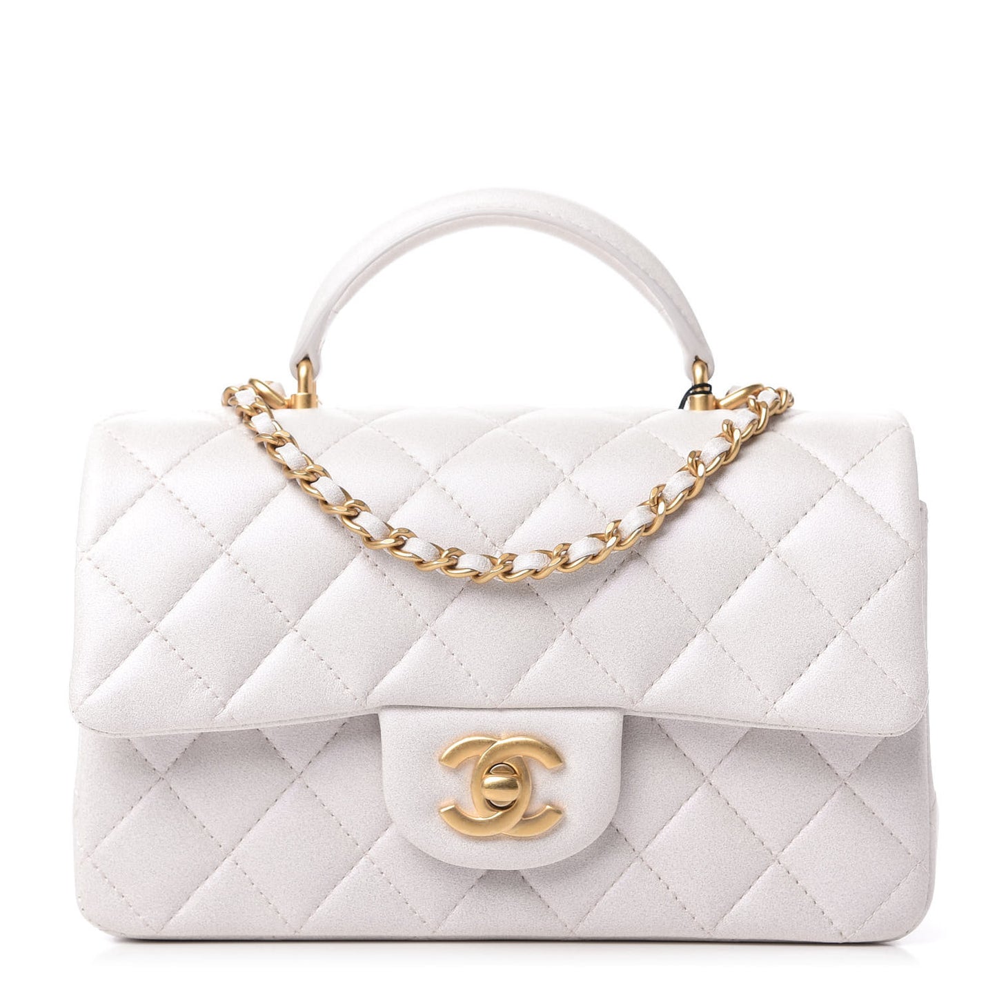 Iridescent Lambskin Quilted Mini Top Handle Rectangular Flap White