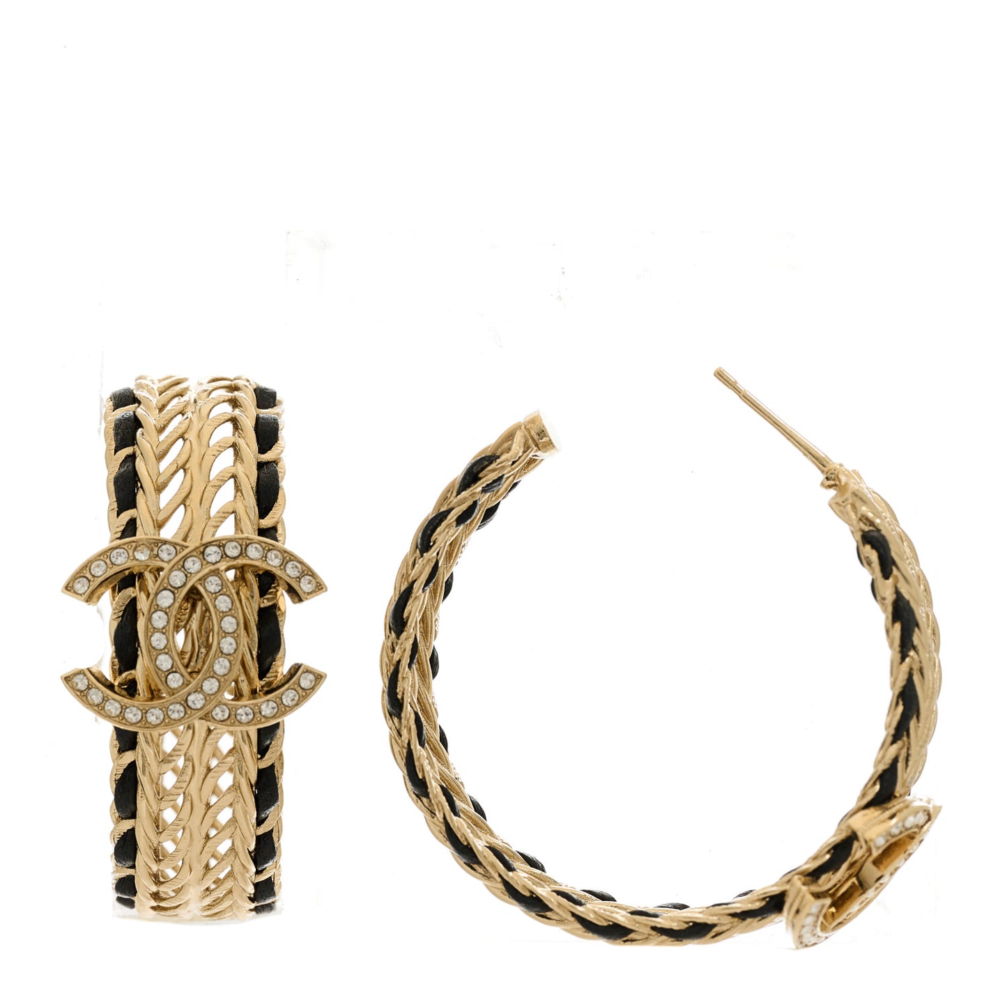 Crystal Lambskin CC Double Chain Hoop Earrings Gold Black