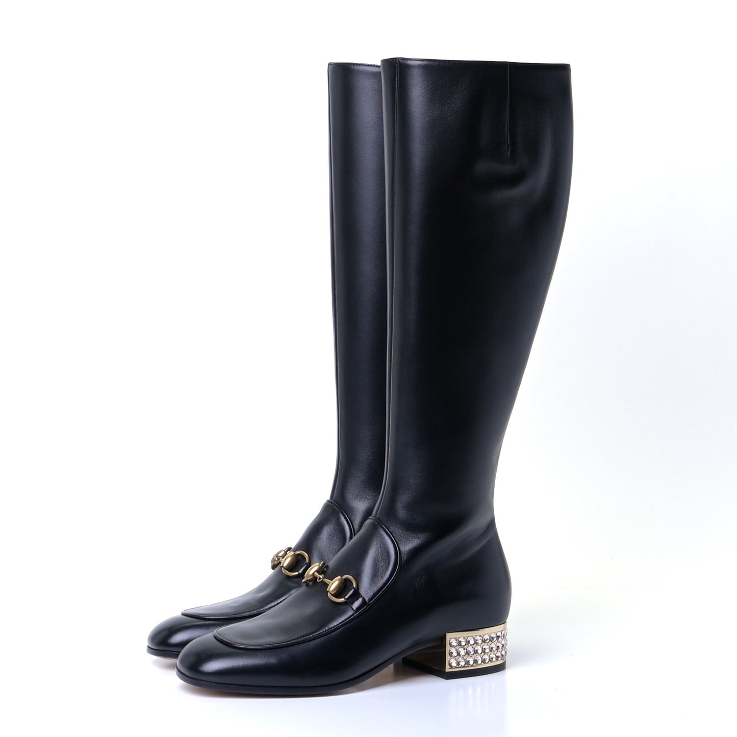 Calfskin Knee High Horsebit Crystal Heel Boots 35.5 Black