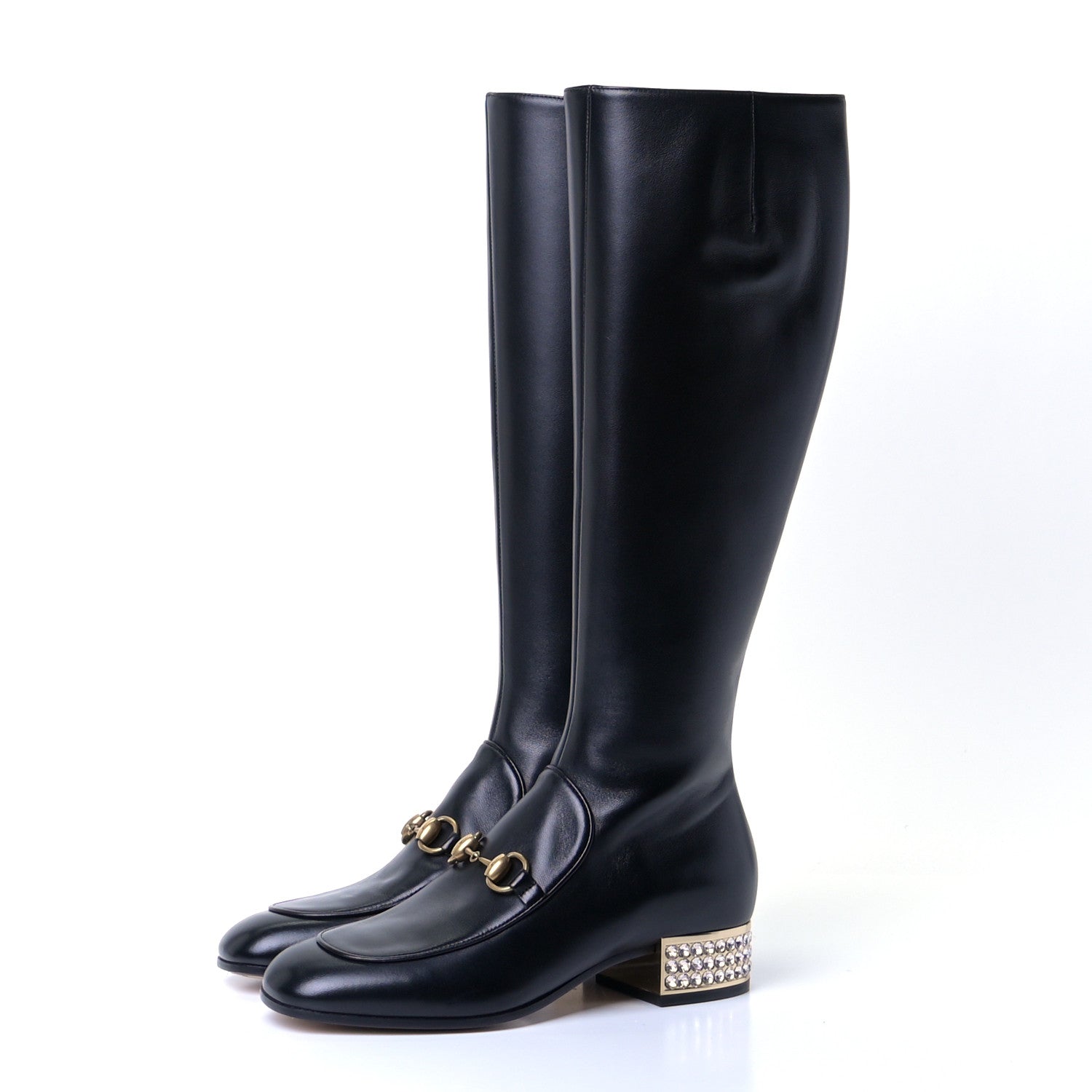 Gucci Calfskin Knee High Horsebit Crystal Heel Boots 35.5 Black 2 of 8