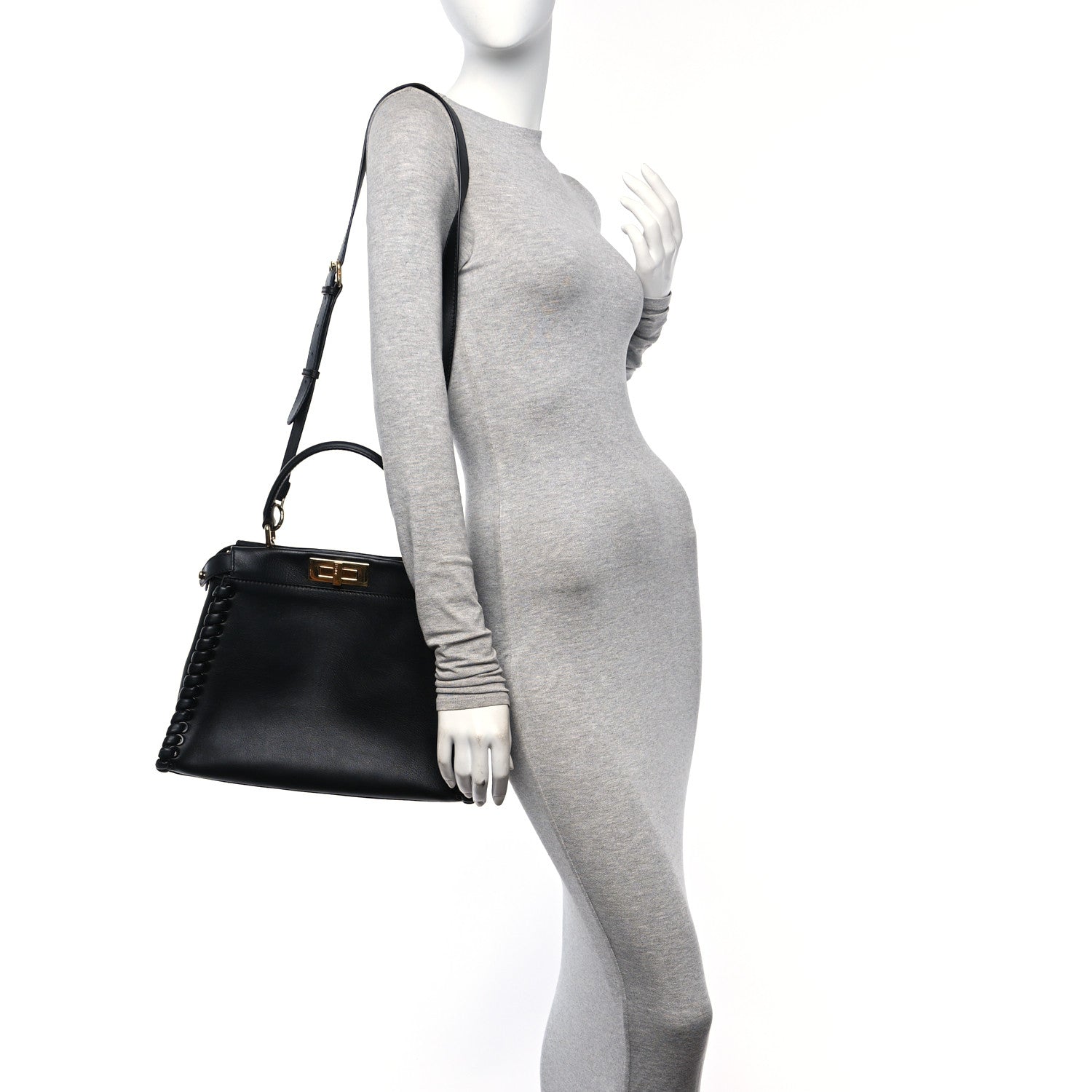 Fendi Vitello Seta Lace Up Medium Peekaboo Iconic Satchel Black 3 of 12