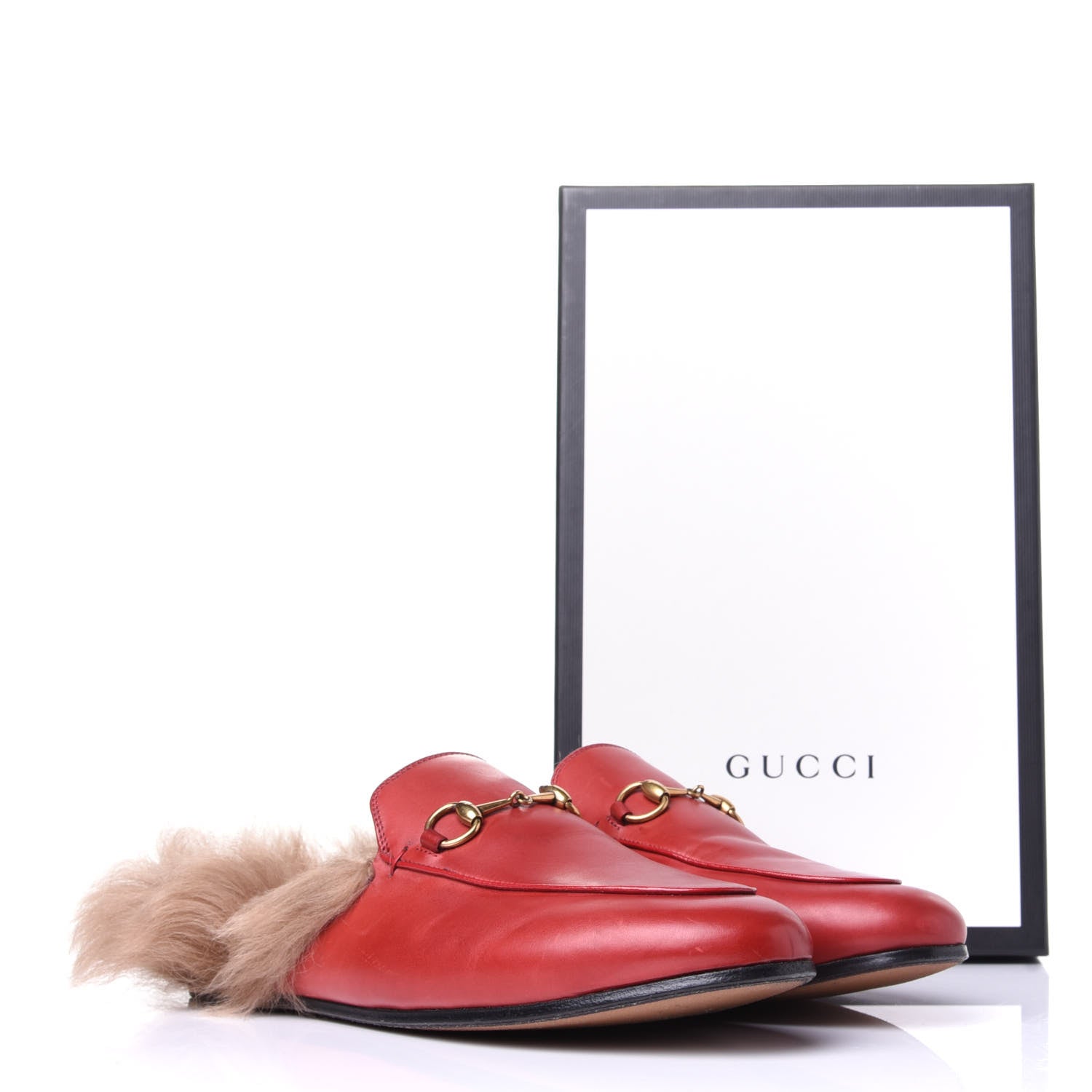 Gucci Betis Glamour Calfskin Fur Womens Princetown Slippers 39 Hibiscus Red Naturale 10 of 10