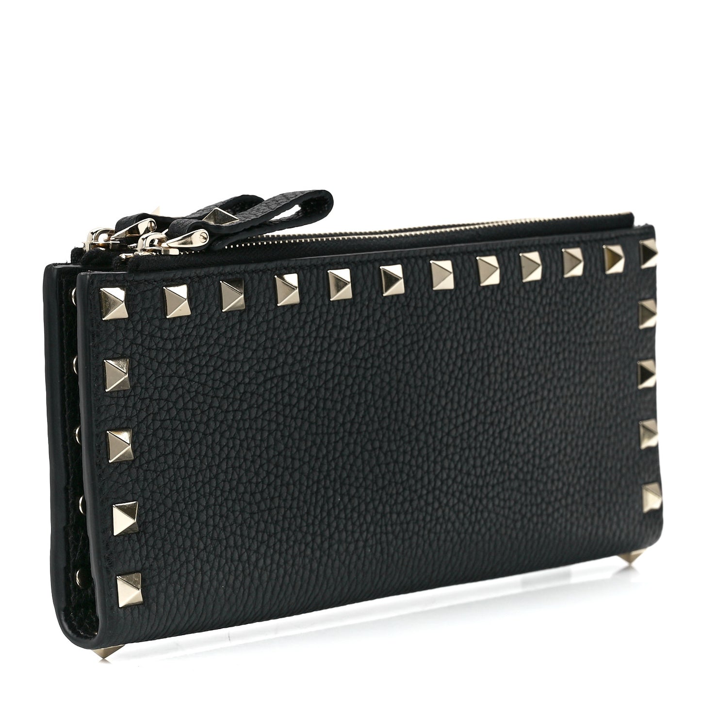 Pebbled Calfskin Rockstud Fold Zip Wallet Black