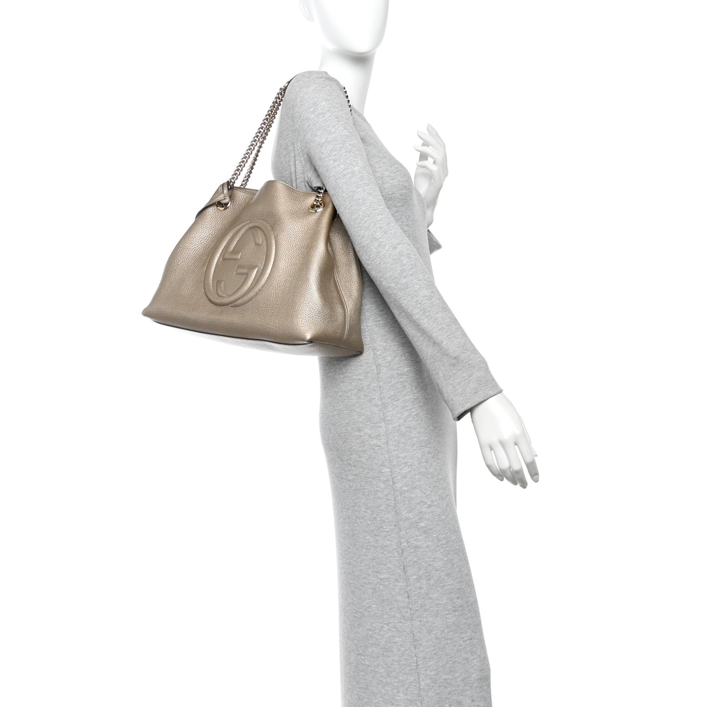 Metallic Pebbled Calfskin Medium Soho Chain Shoulder Bag Golden Beige