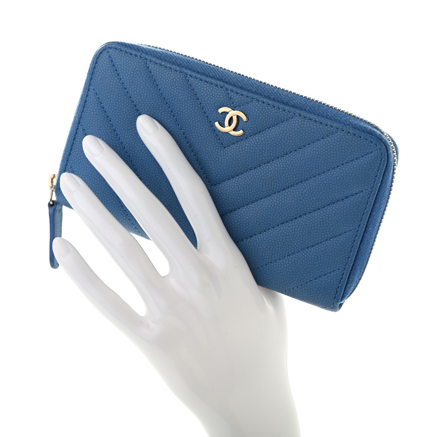 Chanel Caviar Chevron Quilted Small Zip Around Wallet Blue 2 of 9
