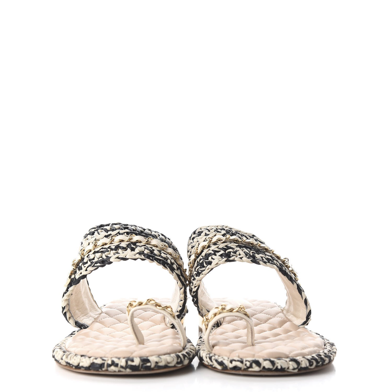 Chanel Raffia Lambskin Woven Chain CC Toe Ring Sandals 41.5 Black Beige 2 of 11
