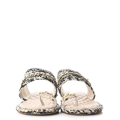 Chanel Raffia Lambskin Woven Chain CC Toe Ring Sandals 41.5 Black Beige 2 of 11