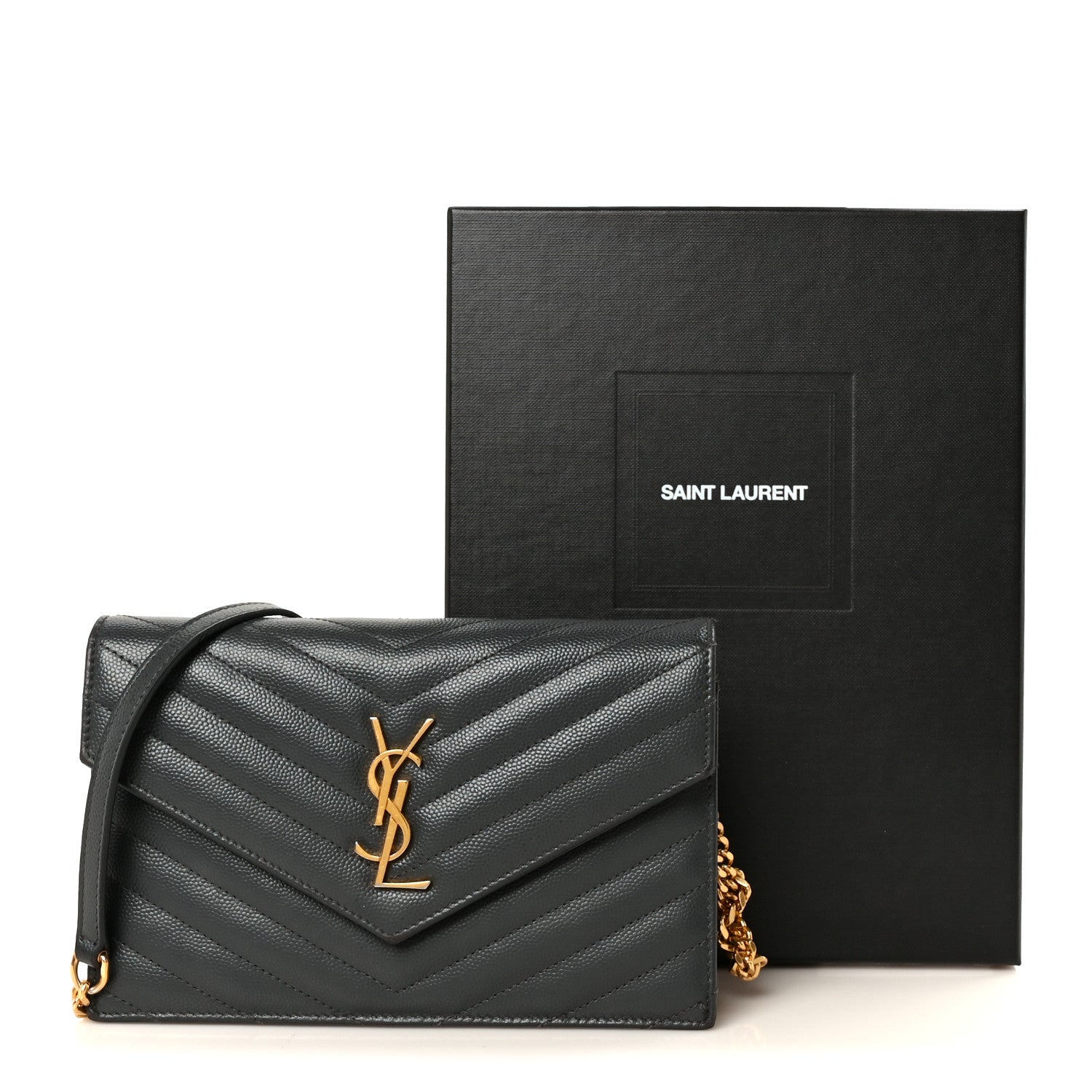 Saint Laurent Grain De Poudre Matelasse Chevron Monogram Envelope Chain Wallet Dark Smog 11 of 11